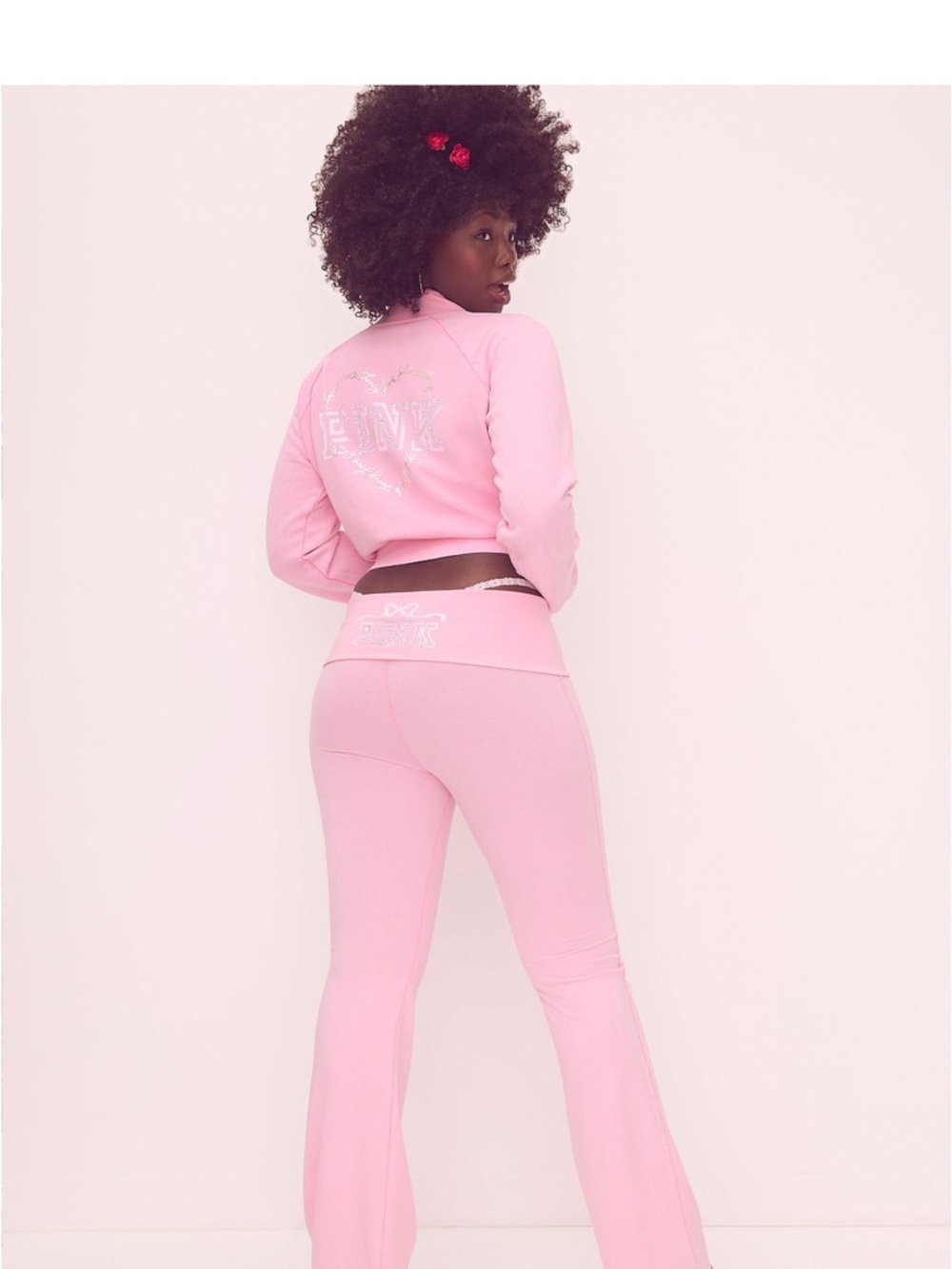 PINK x LoveShackFancy Reissued Full-Zip Cotton Foldover Flare Leggings Set M - Picture 10 of 10